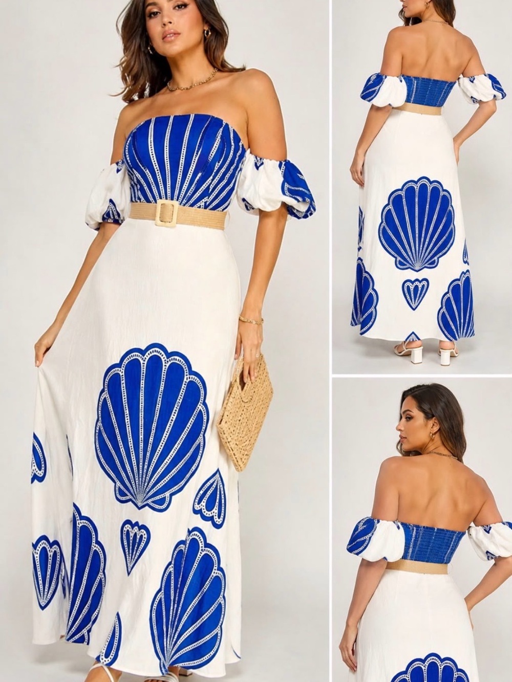 Strapless White Maxi Dress with Bold Blue Shell Motif